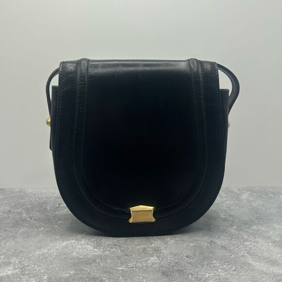 Vintage Bally Womens Black Leather Oval Saddle Crossbody Bag Purse Magnetic